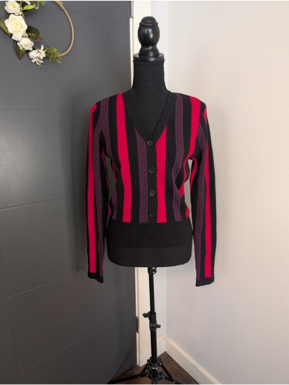 Cabi Style 3538 "Royal" Plum Red Black Striped Sweater Plum Red Black - M